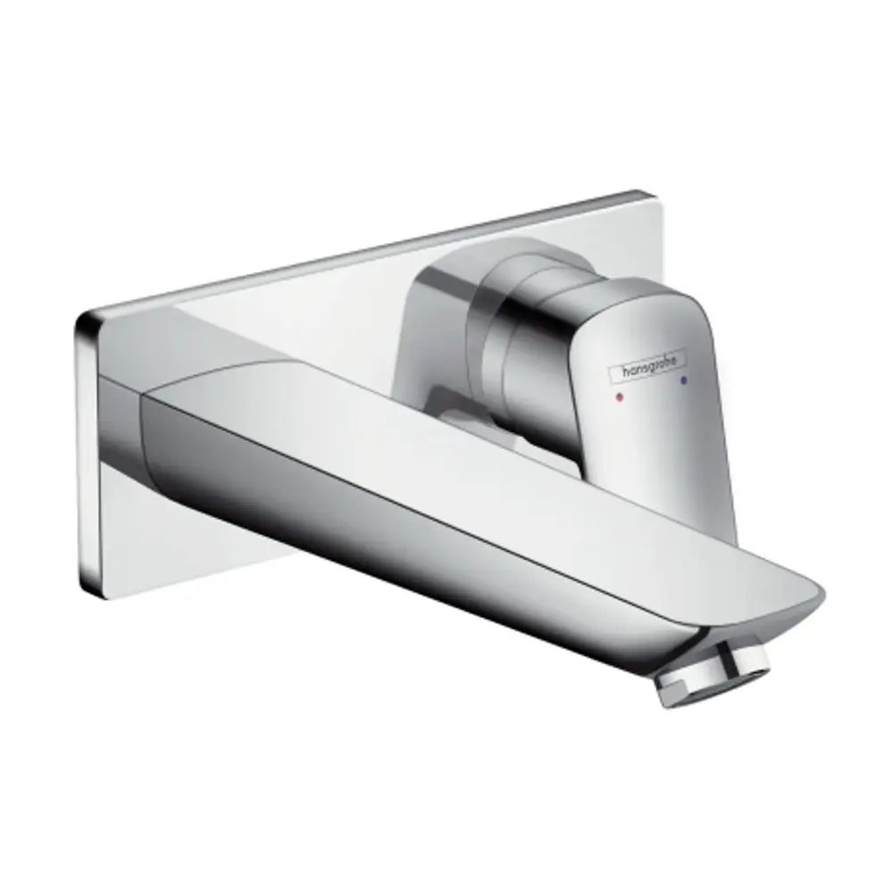 Einhebel-Waschtischmischer von Hansgrohe für die Wandmontage, Chromoberfläche, mit einem geraden Auslauf. Ideal für moderne Badezimmer.
